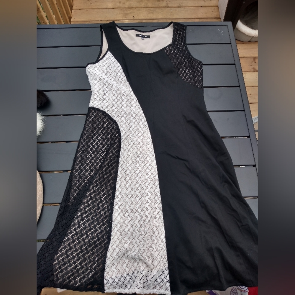 Nine West Black & White Sleeveless Dress, Size 12, Flared Skirt, Lace Ov…